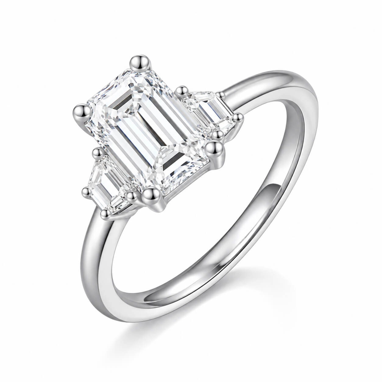 Emerald cut lab grown diamond three stones engagement ring