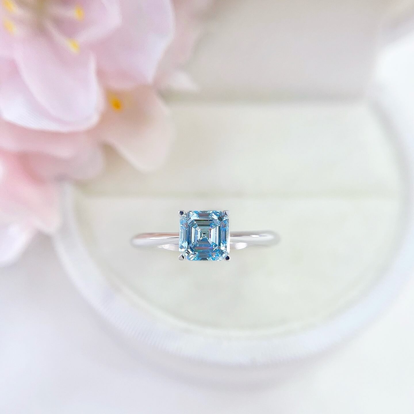 18K gold asscher lab grown blue diamond engagement ring