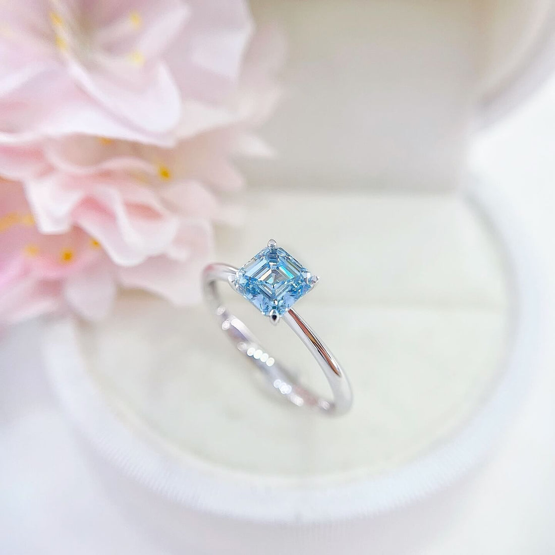 18K gold asscher lab grown blue diamond engagement ring