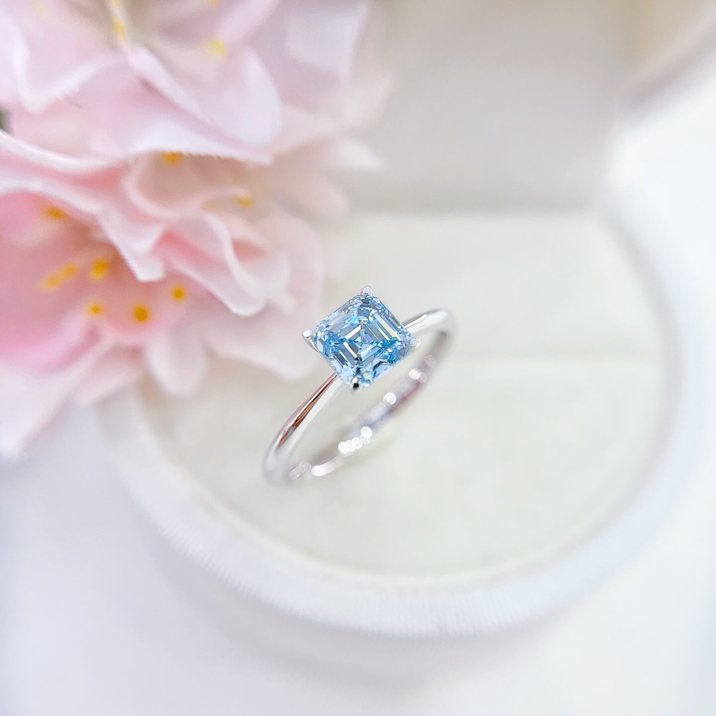 18K gold asscher lab grown blue diamond engagement ring