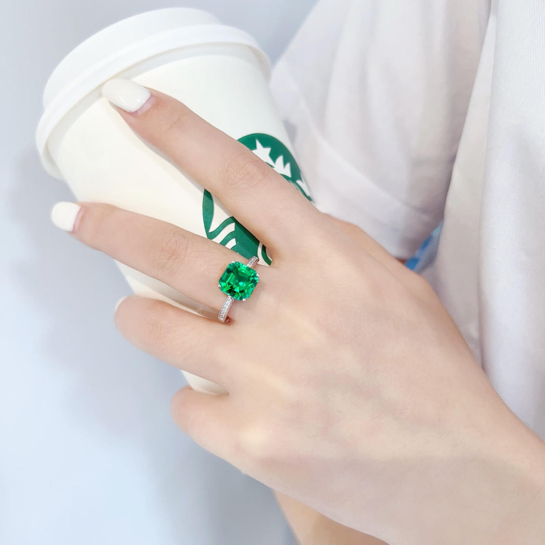 Asscher cut lab grown emerald engagement ring