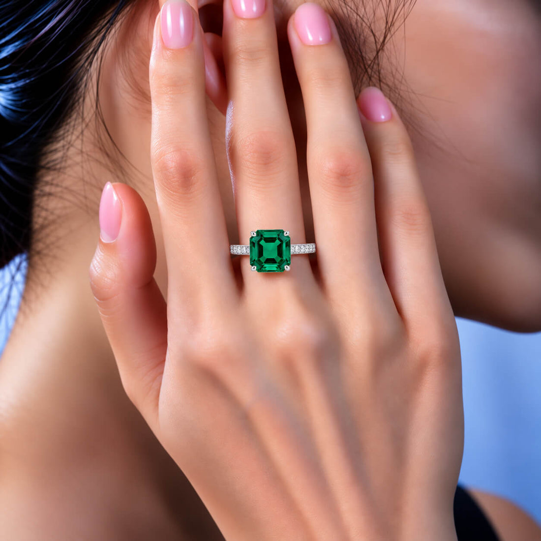 Asscher cut lab grown emerald engagement ring