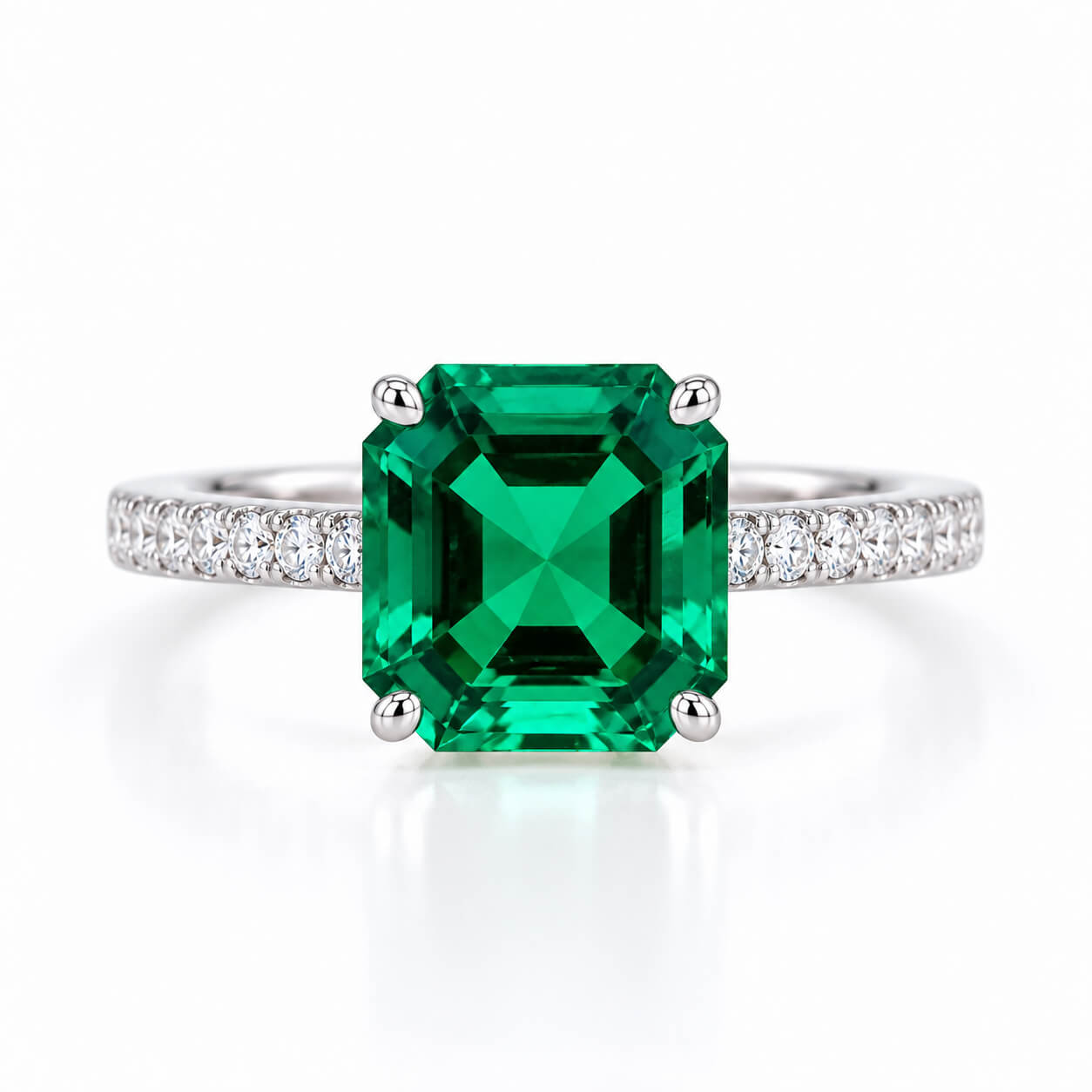 Asscher cut lab grown emerald engagement ring