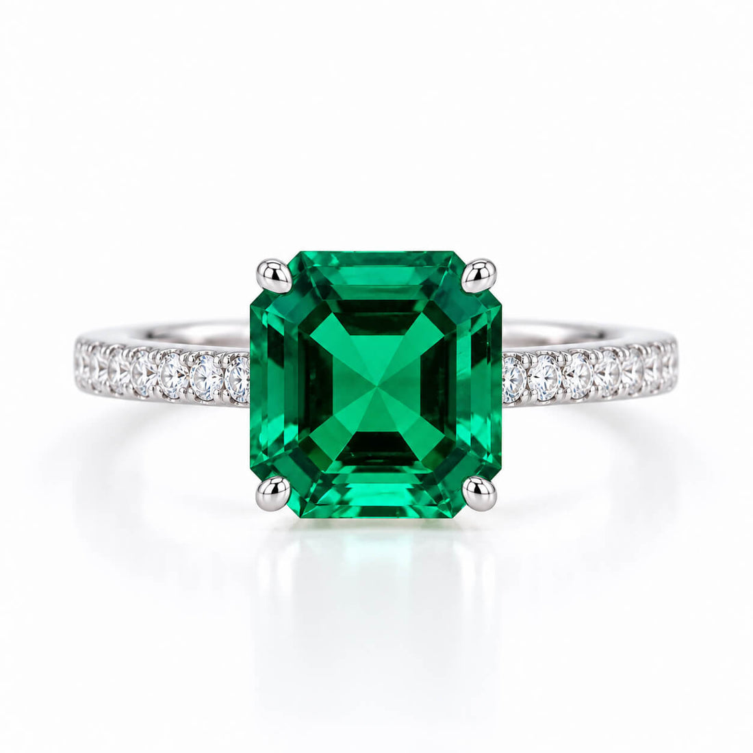 Asscher cut lab grown emerald engagement ring