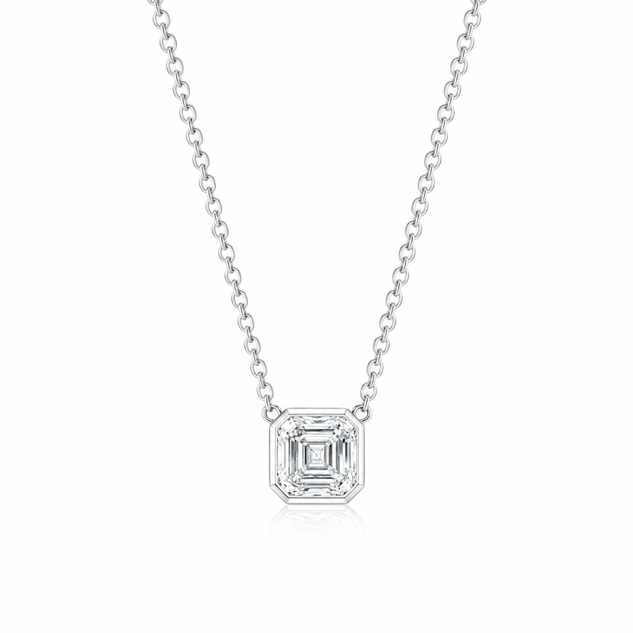 Bezel setting asscher cut lab grown diamond pendant necklace
