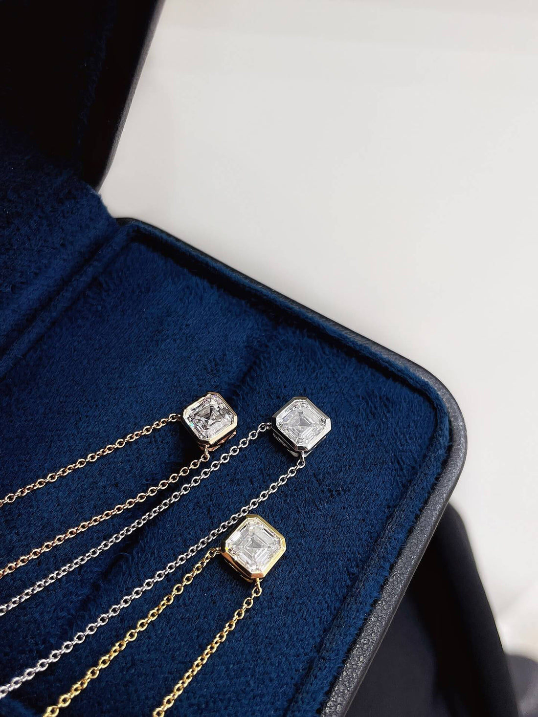 Bezel setting asscher cut lab grown diamond pendant necklace