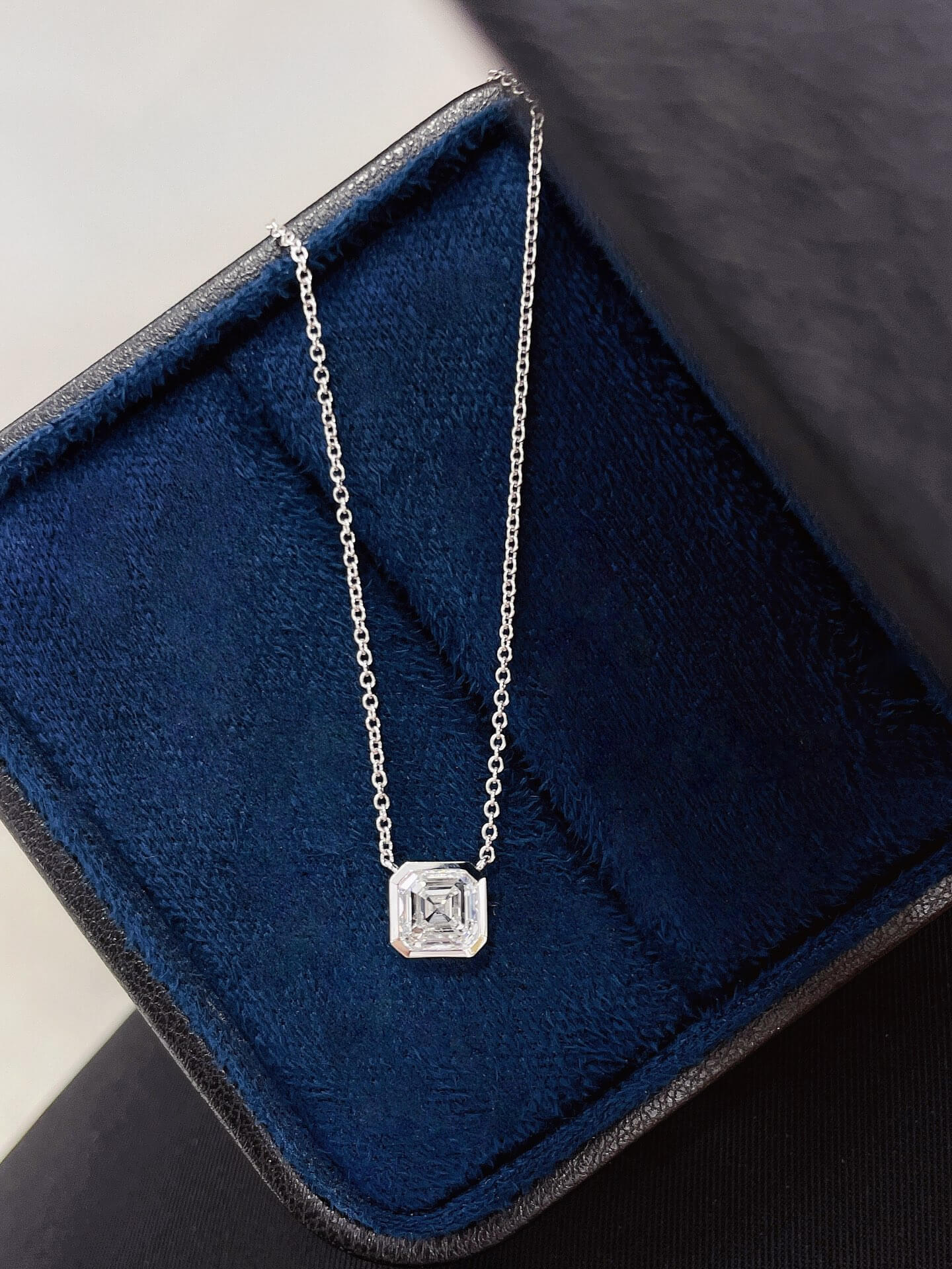 Bezel setting asscher cut lab grown diamond pendant necklace