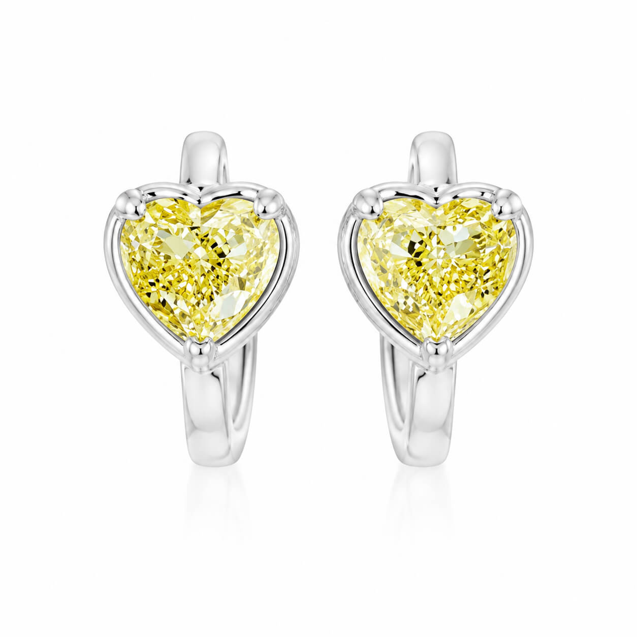 Bezel setting heart cut lab grown yellow diamond hoop earrings