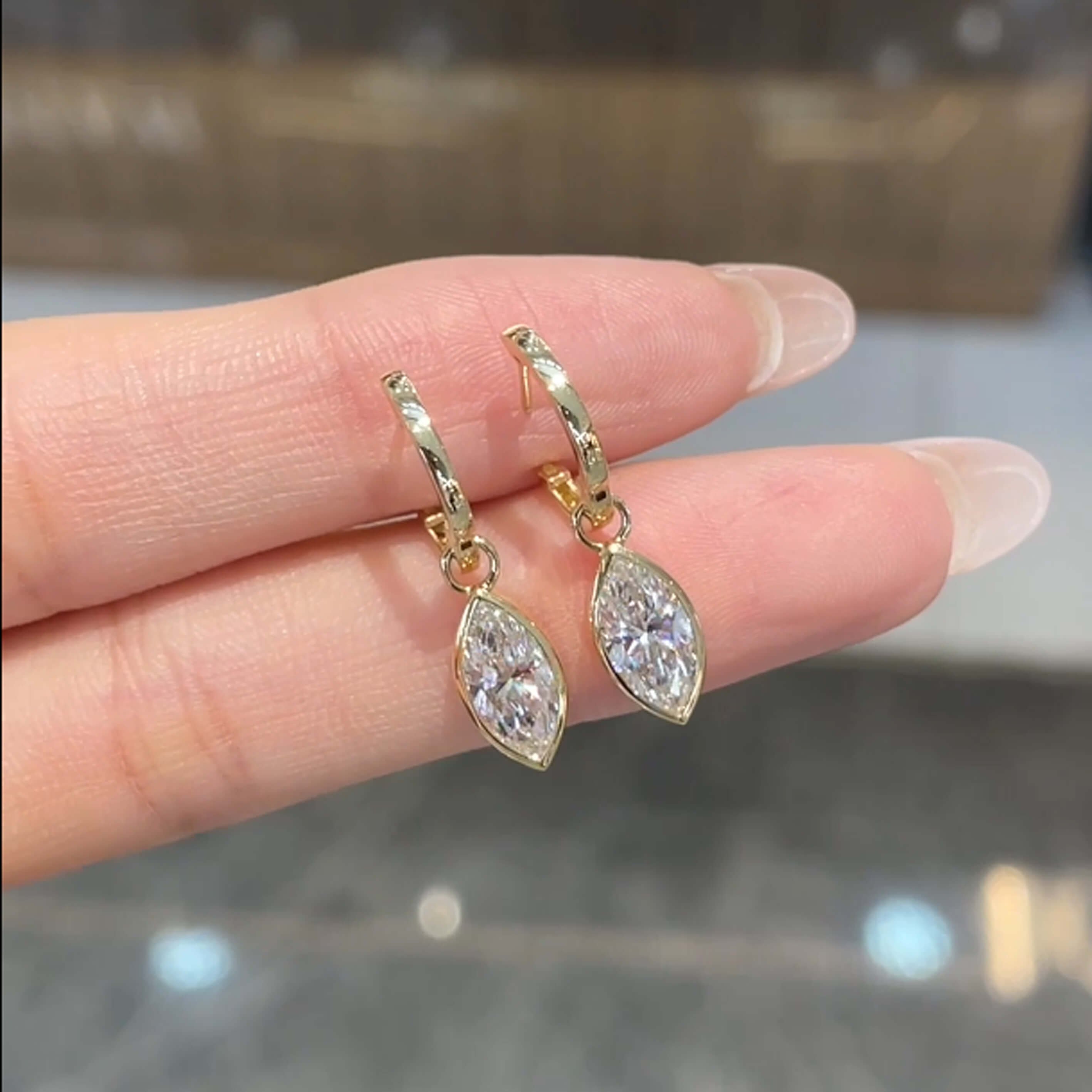 Bezel setting marquise cut lab grown diamond hoop earrings