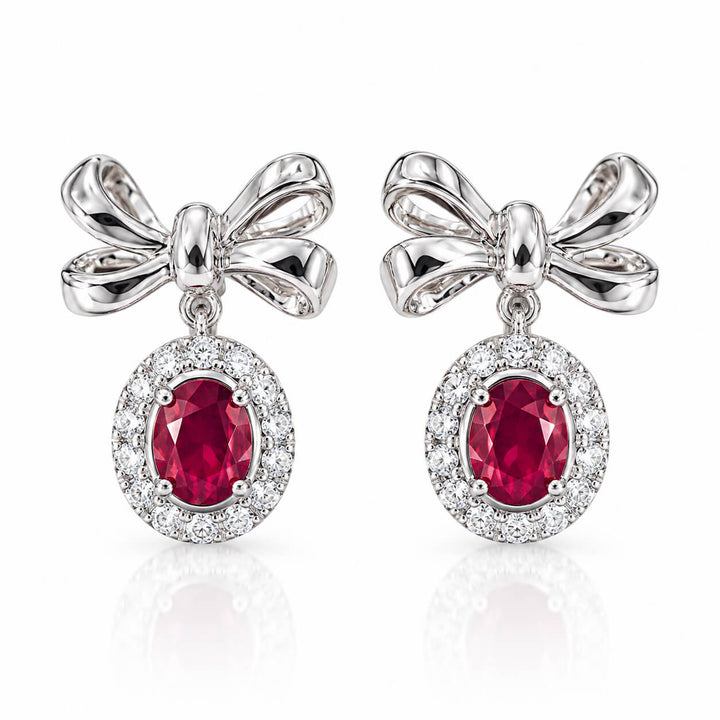 Bow design oval cut lab grown ruby earrings stud