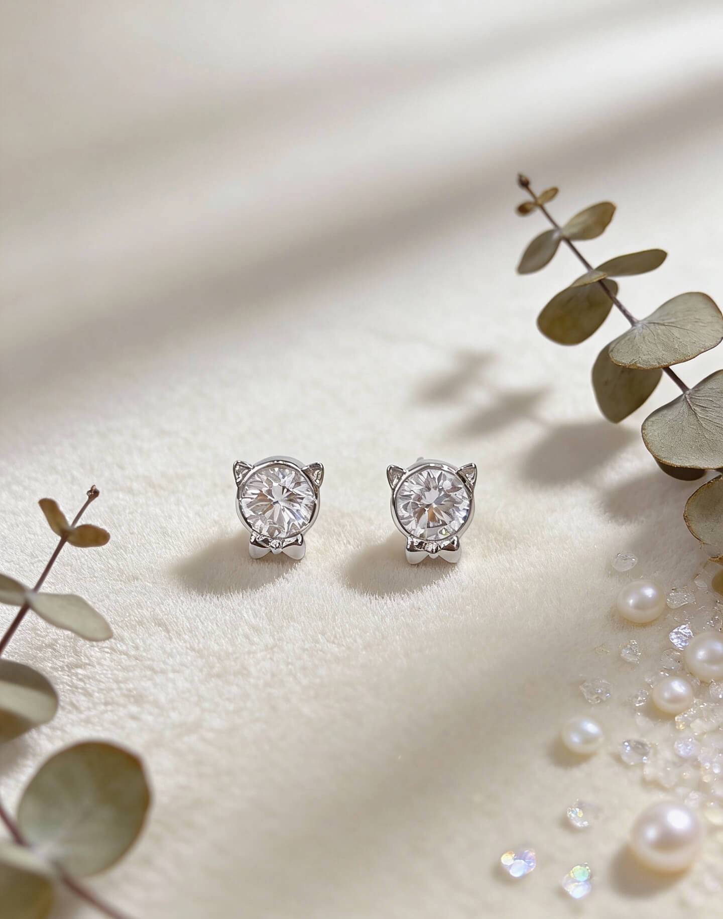 Cat design round cut lab grown diamond earrings stud