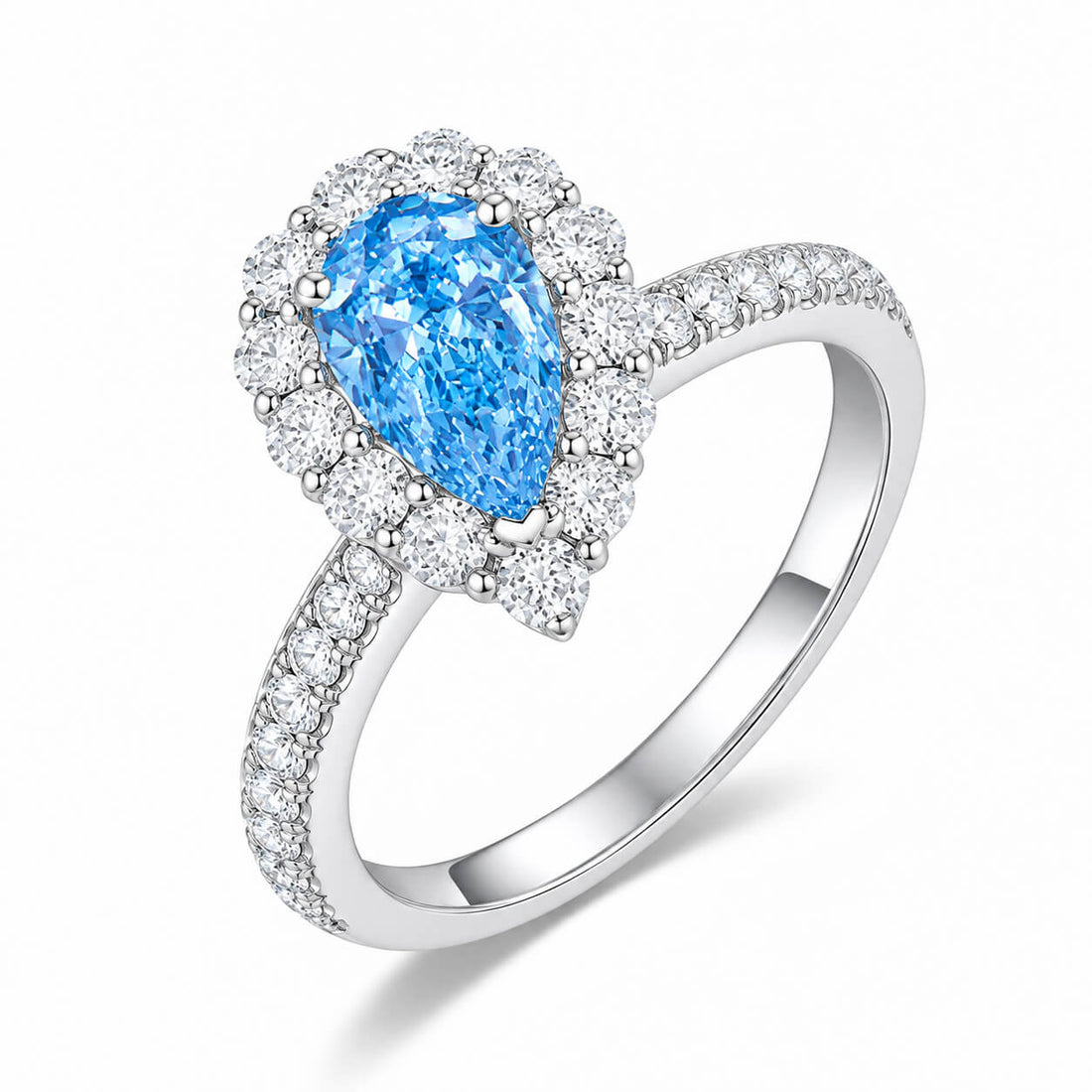 18K gold halo setting pear lab grown blue diamond engagment ring