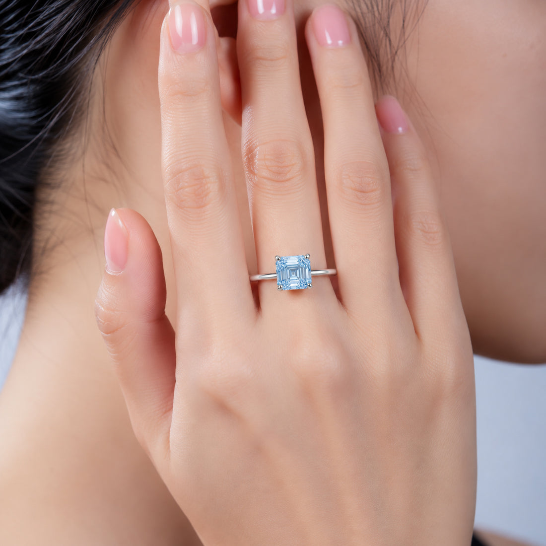 18K gold asscher lab grown blue diamond engagement ring