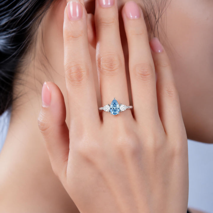 18K gold pear lab grown blue diamond three stones engagement ring