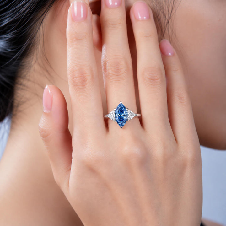 18K gold marquise lab grown blue diamond three stones engagement ring