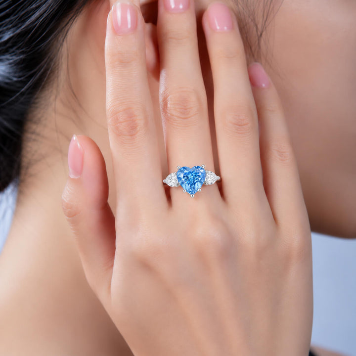 18K gold heart lab grown blue diamond three stones engagement ring