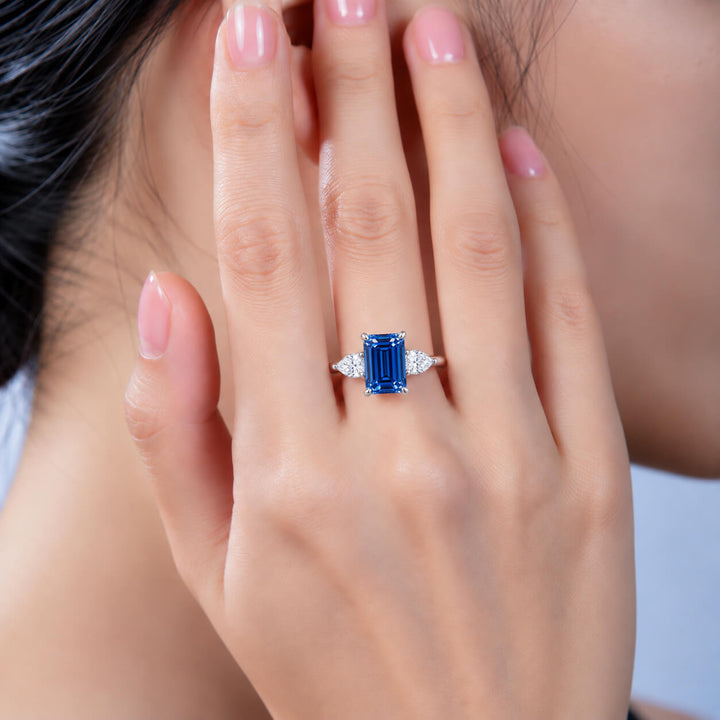 18K gold emerald lab grown blue diamond three stones engagement ring