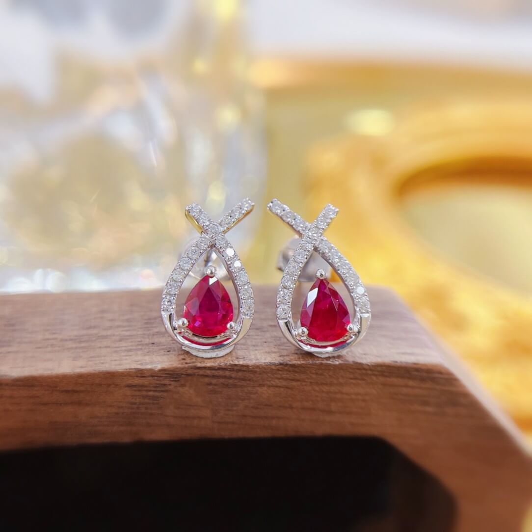 Cross-cut design pear cut lab grown ruby earrings stud