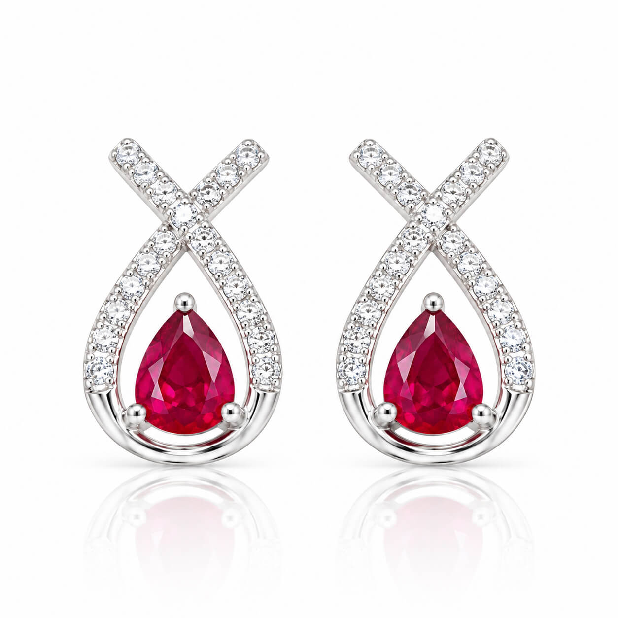 Cross-cut design pear cut lab grown ruby earrings stud