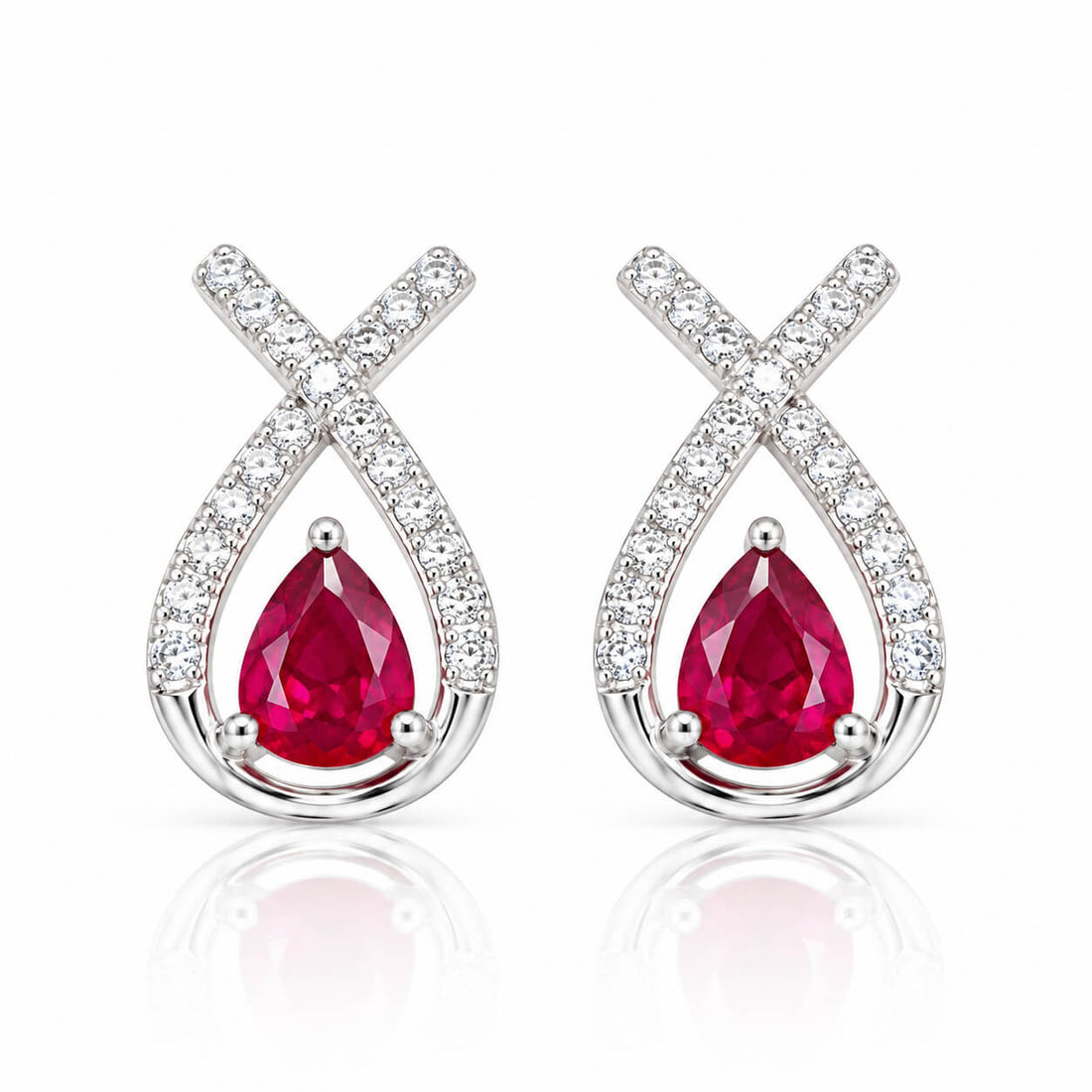 Cross-cut design pear cut lab grown ruby earrings stud