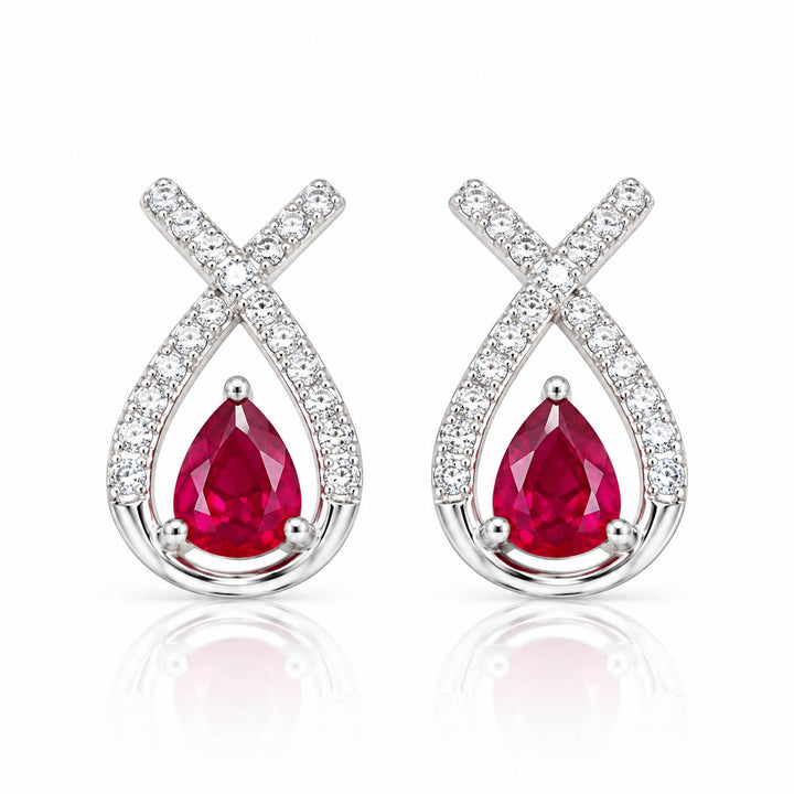 Cross-cut design pear cut lab grown ruby earrings stud