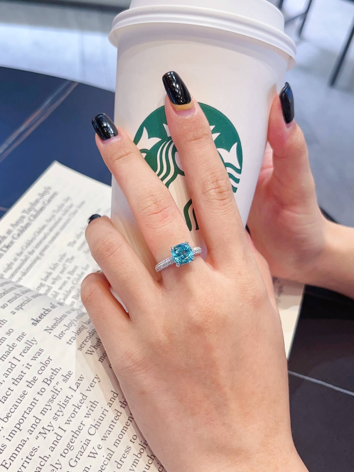 Cushion cut  lab grown Paraiba engagement ring