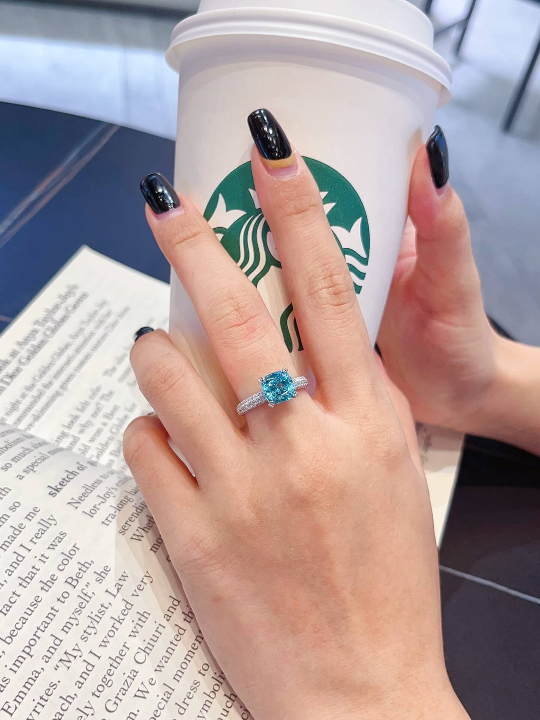 Cushion cut  lab grown Paraiba engagement ring