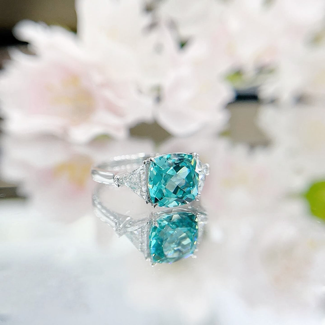 Cushion cut  lab grown Paraiba three stones engagement ring