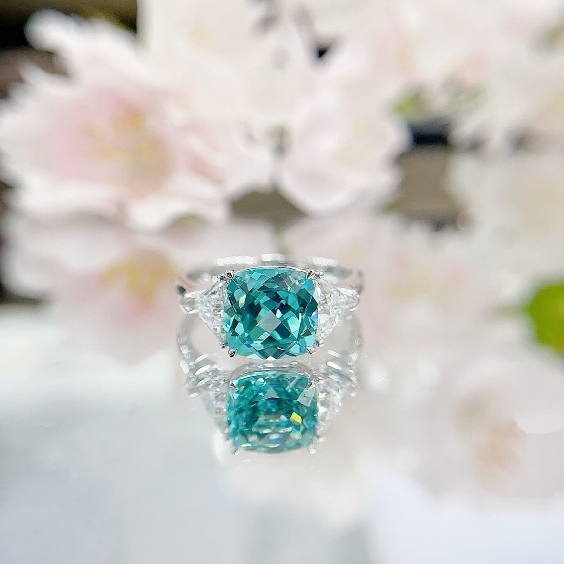 Cushion cut  lab grown Paraiba three stones engagement ring