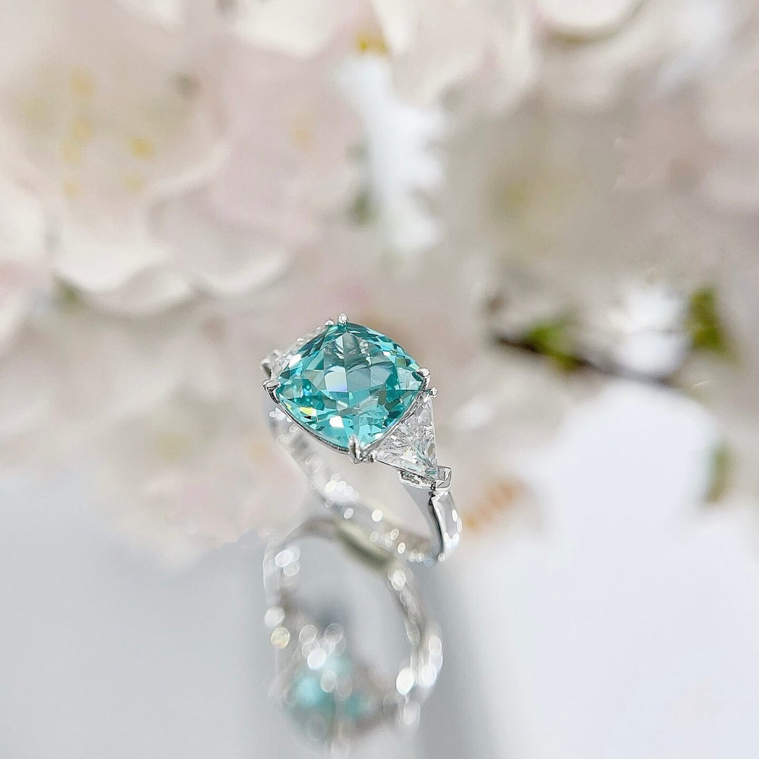 Cushion cut  lab grown Paraiba three stones engagement ring