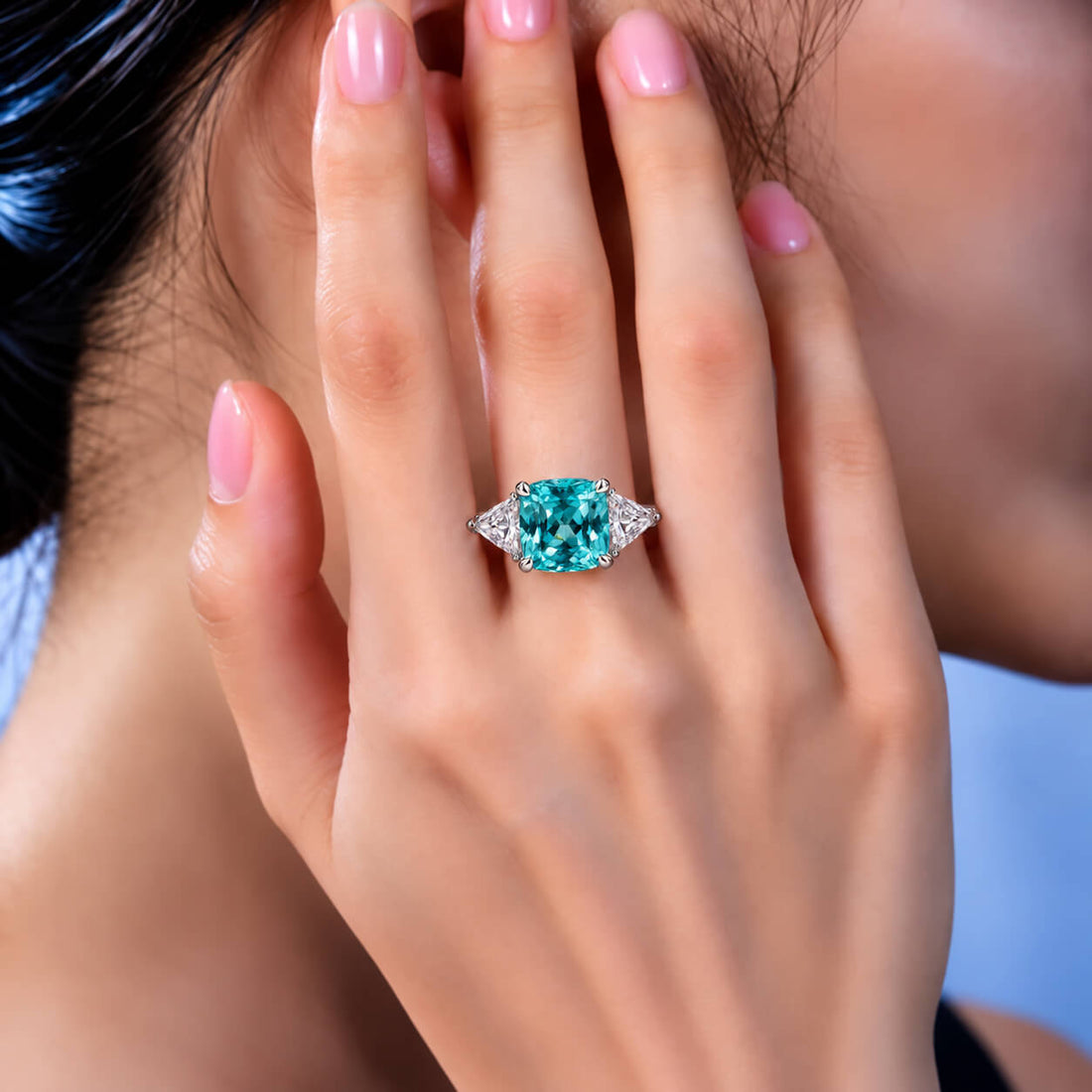 Cushion cut  lab grown Paraiba three stones engagement ring