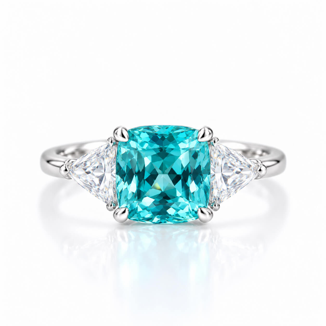 Cushion cut  lab grown Paraiba three stones engagement ring