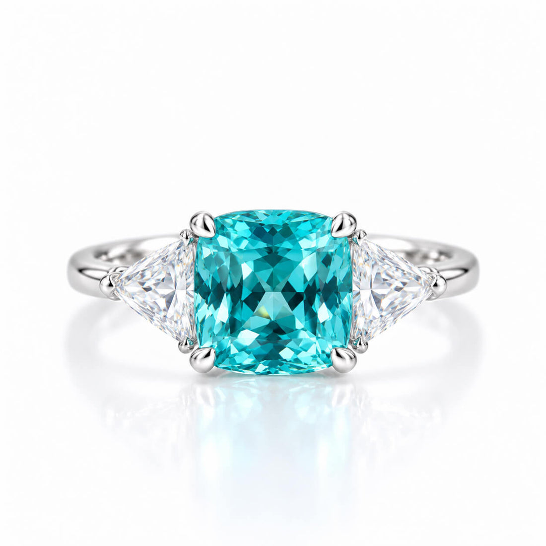 Cushion cut  lab grown Paraiba three stones engagement ring