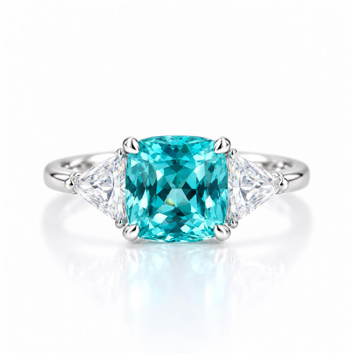 Cushion cut  lab grown Paraiba three stones engagement ring