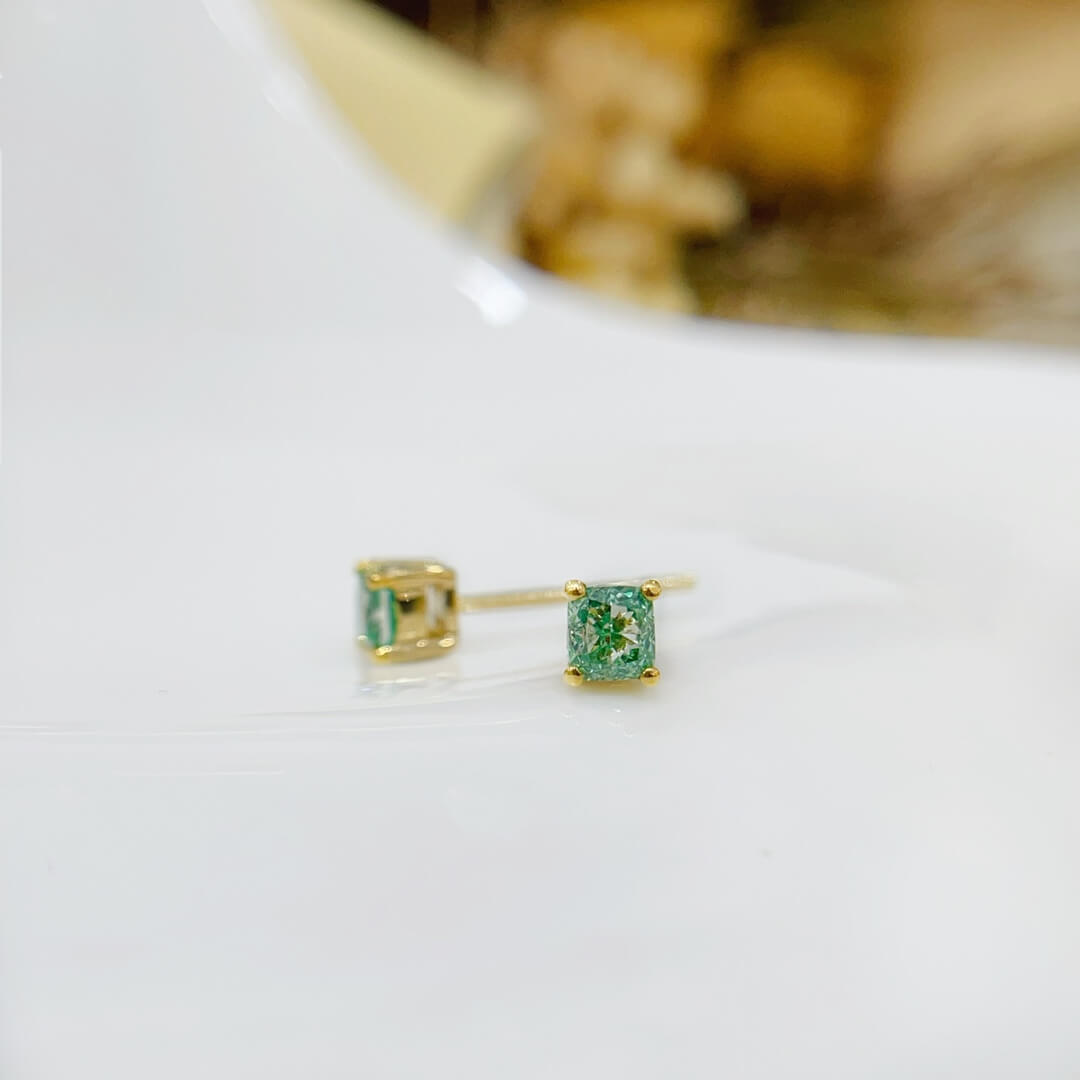Cushion cut lab grown green diamond earrings stud
