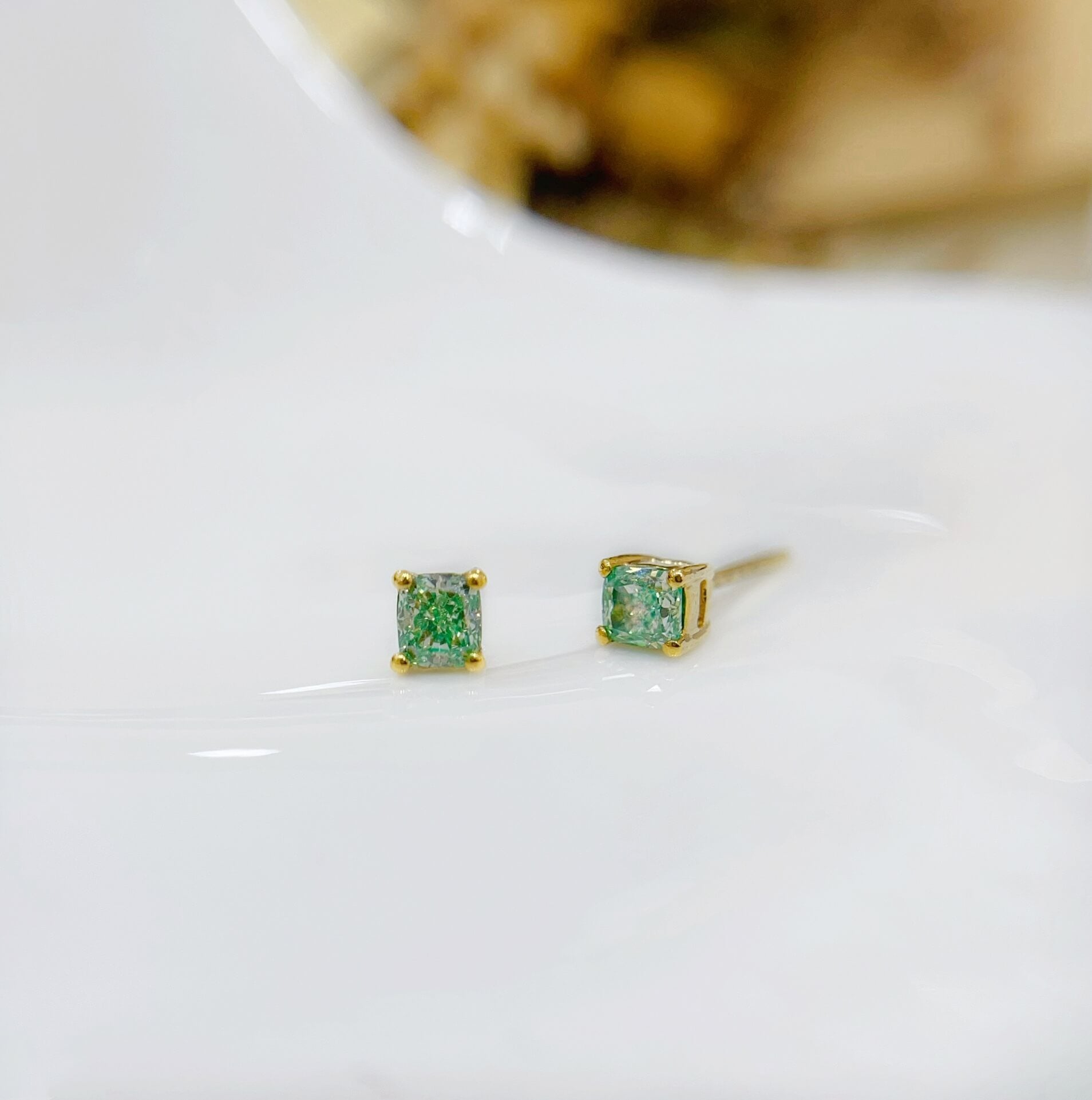 Cushion cut lab grown green diamond earrings stud
