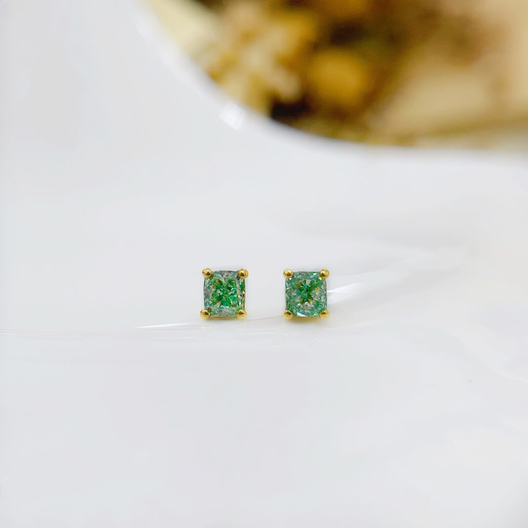 Cushion cut lab grown green diamond earrings stud