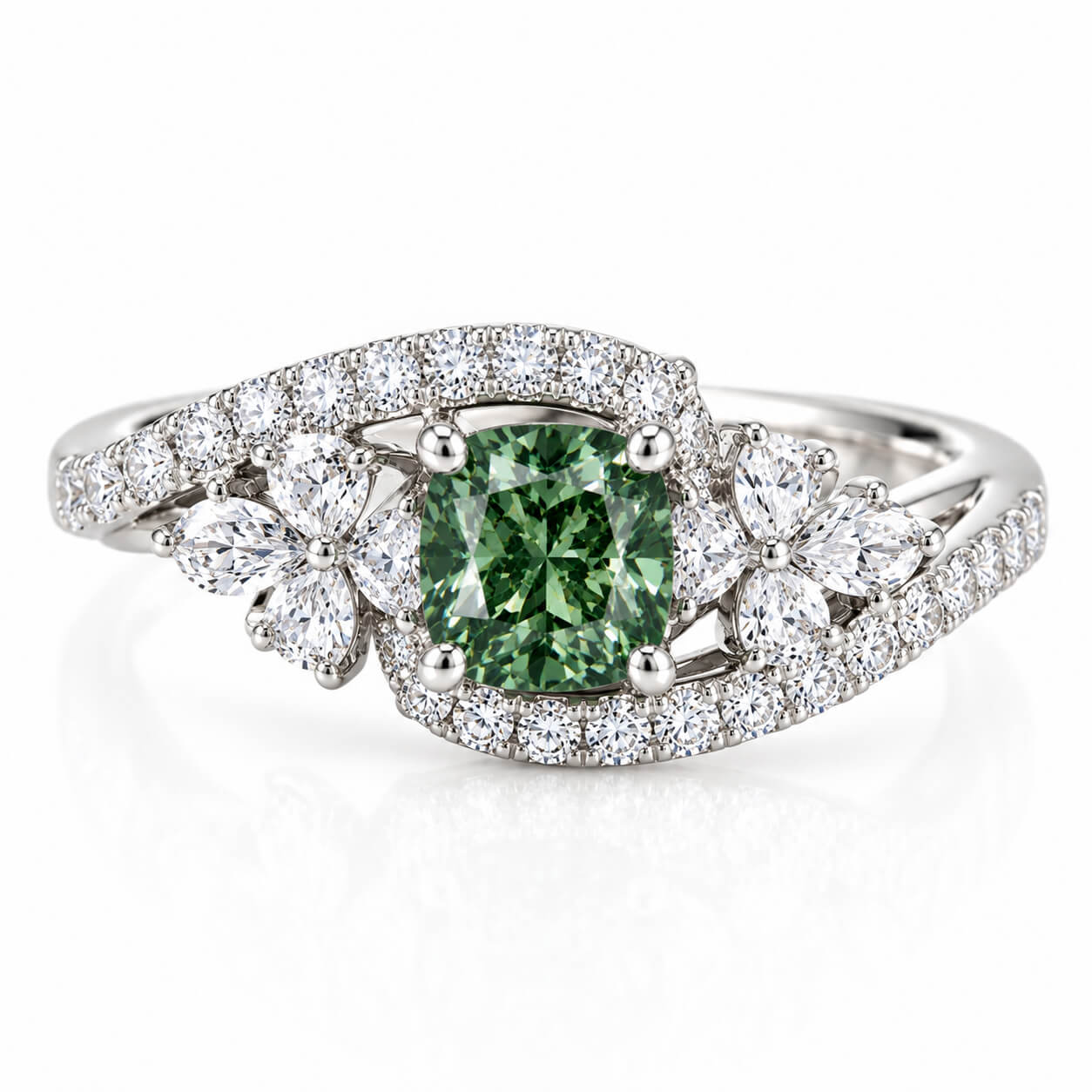 Cushion cut lab grown green diamond engagement ring