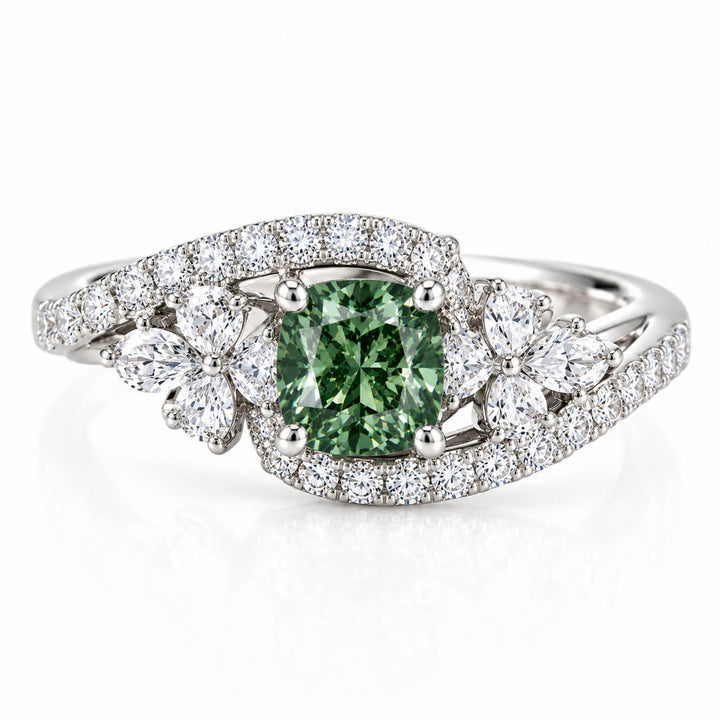 Cushion cut lab grown green diamond engagement ring
