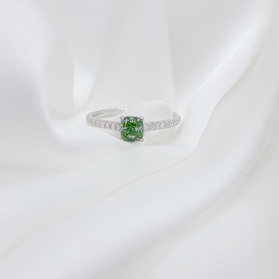 Cushion cut lab grown green diamond engagement ring