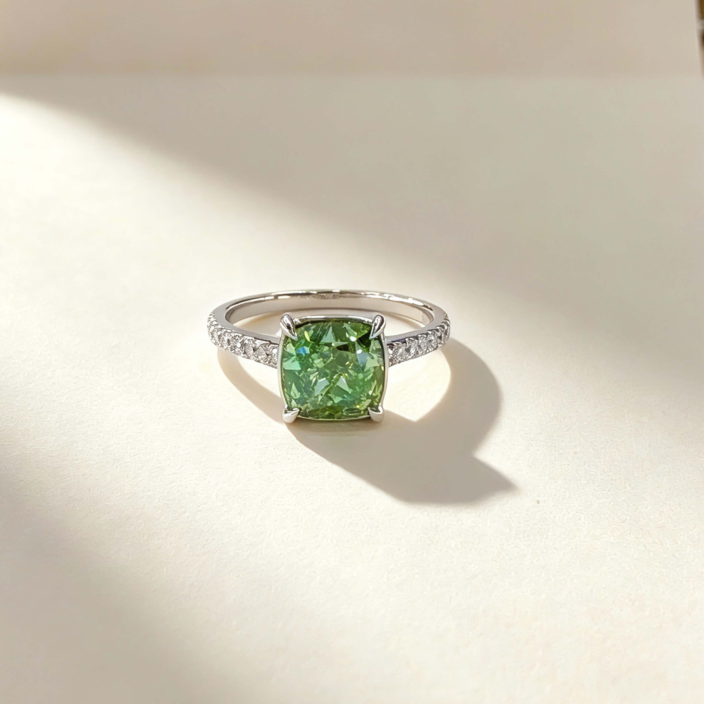 Cushion cut lab grown green diamond engagement ring