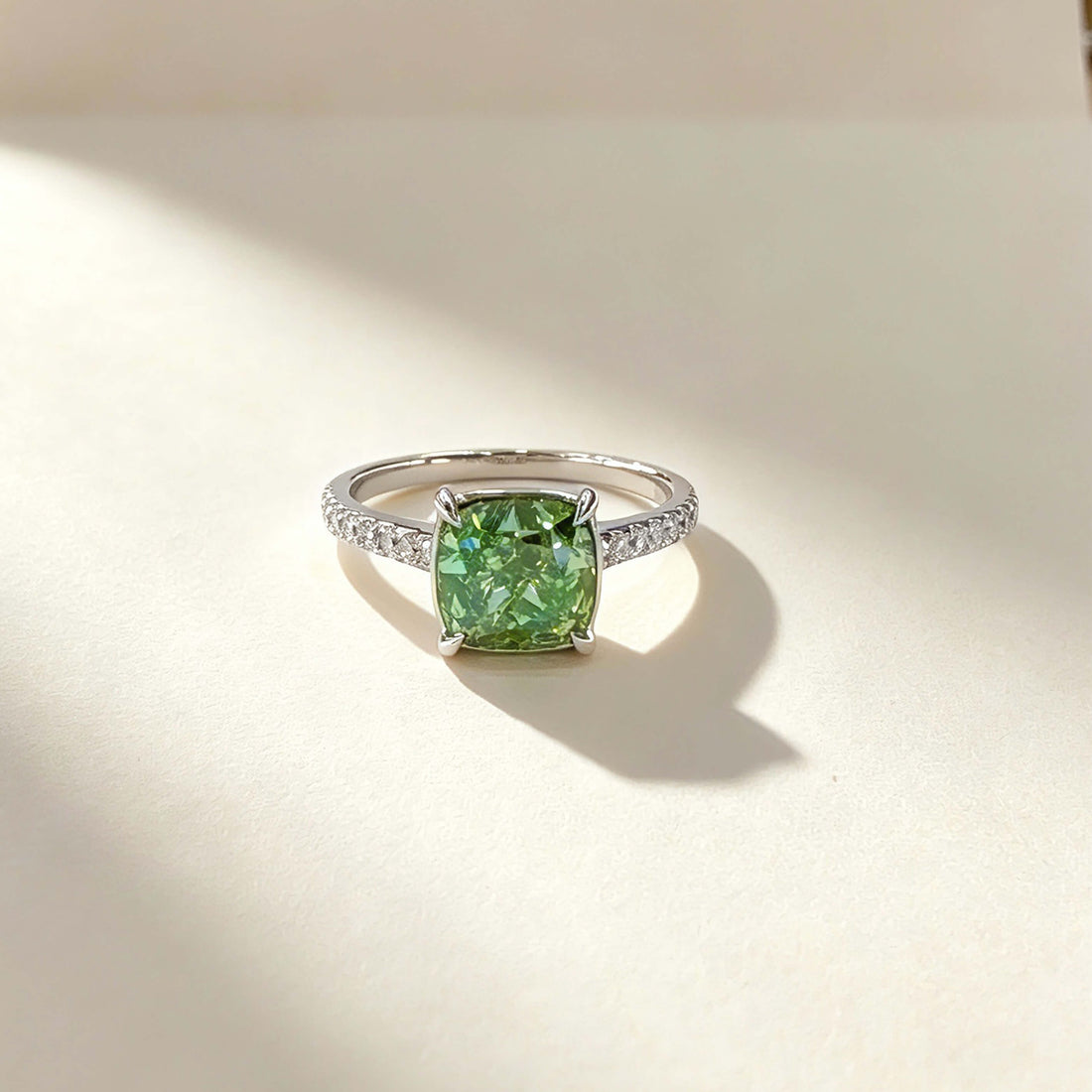 Cushion cut lab grown green diamond engagement ring