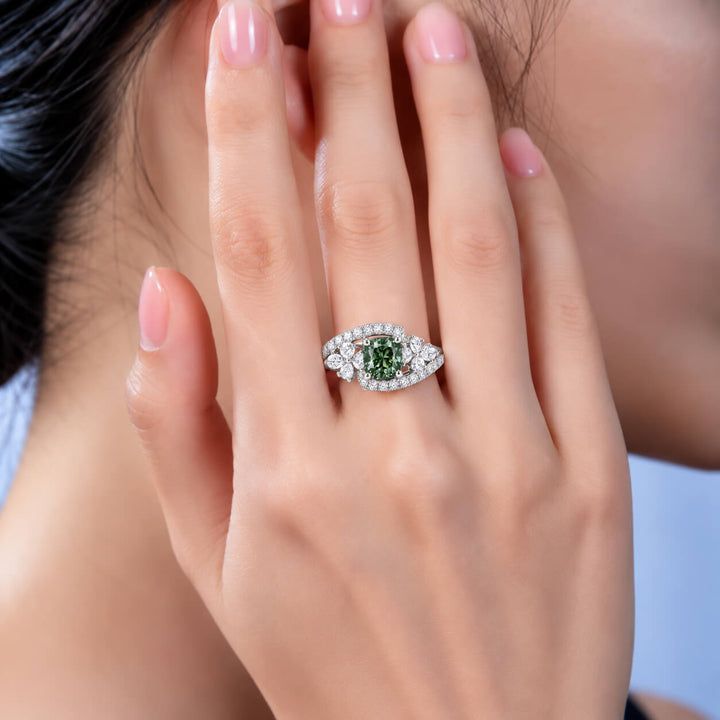 Cushion cut lab grown green diamond engagement ring
