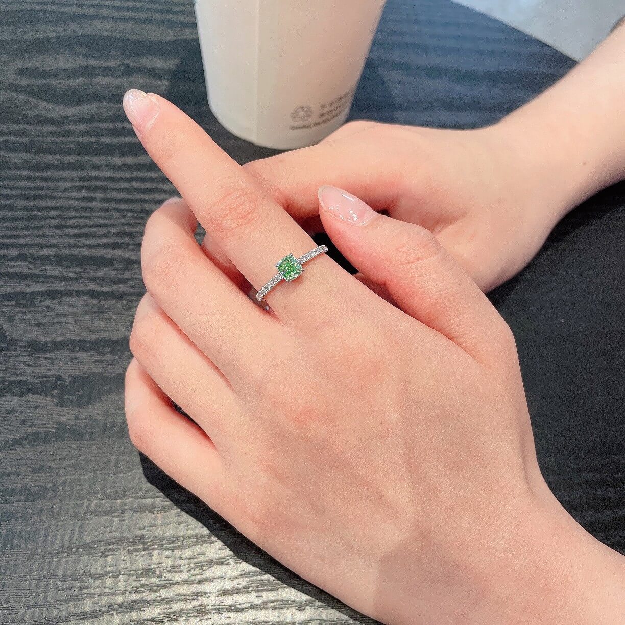 Cushion cut lab grown green diamond engagement ring