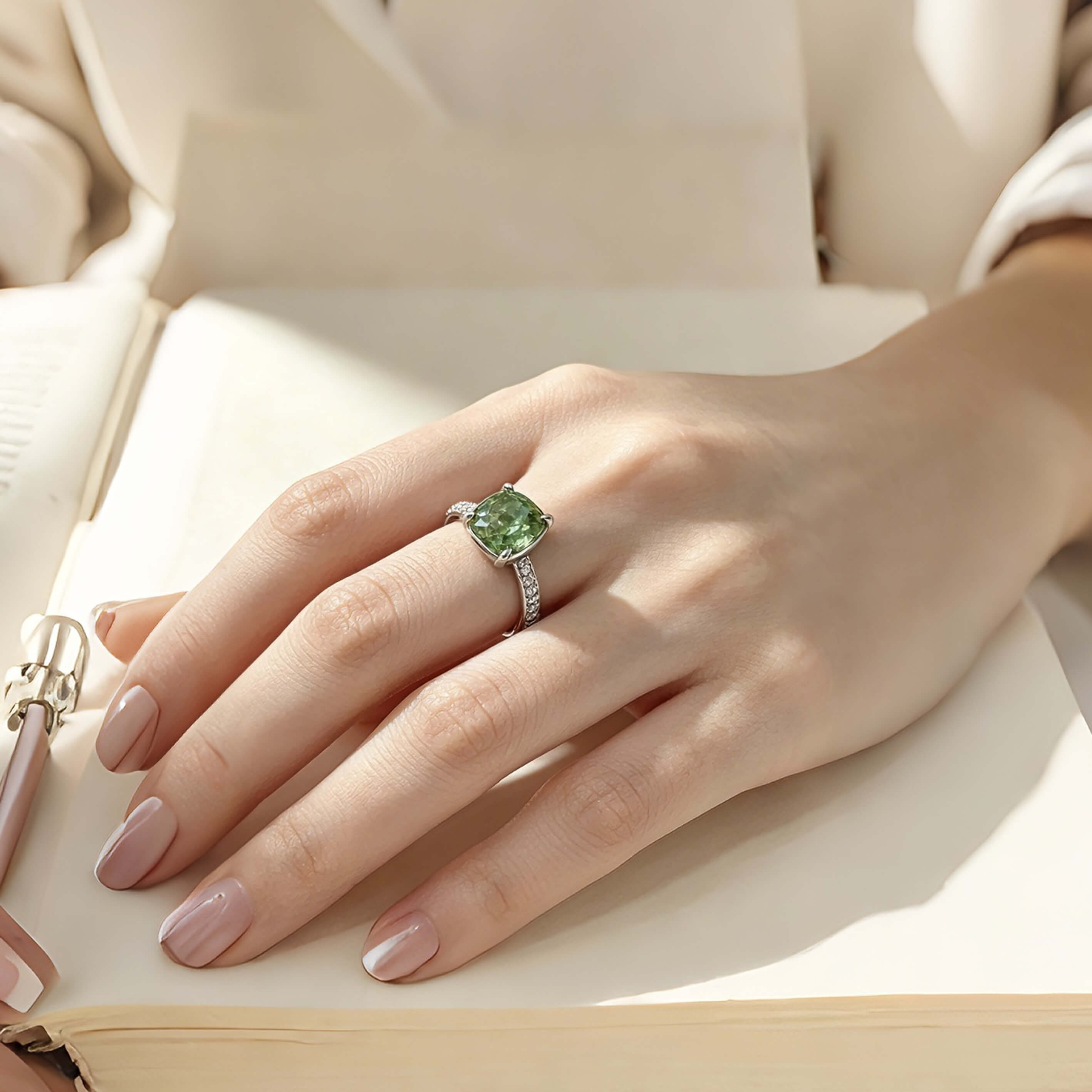 Cushion cut lab grown green diamond engagement ring