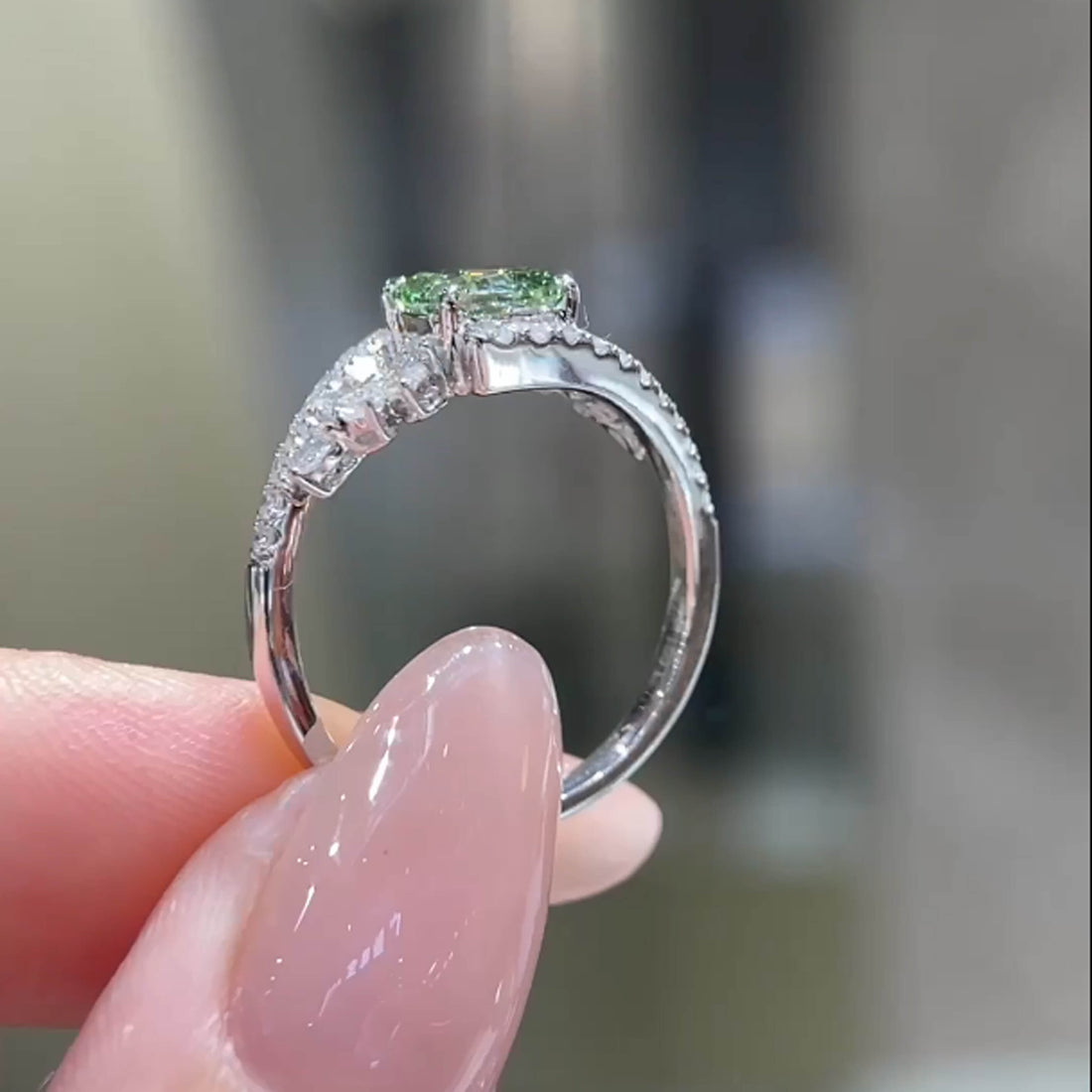 Cushion cut lab grown green diamond engagement ring