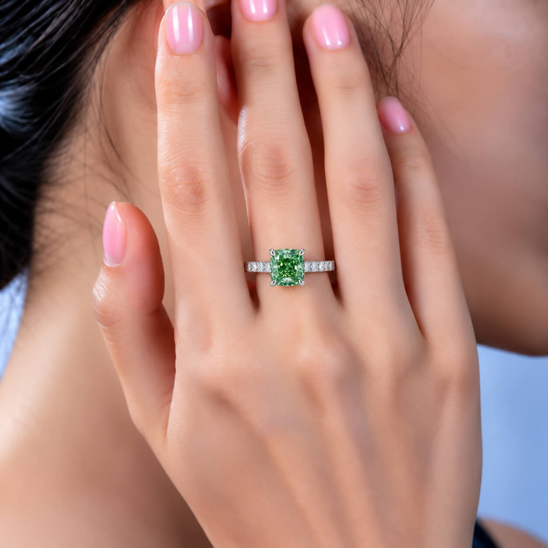Cushion cut lab grown green diamond engagement ring