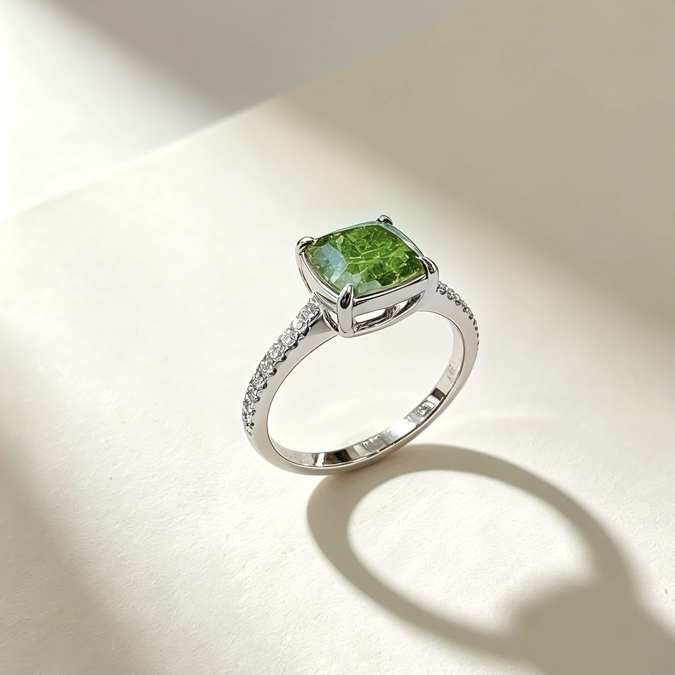 Cushion cut lab grown green diamond engagement ring