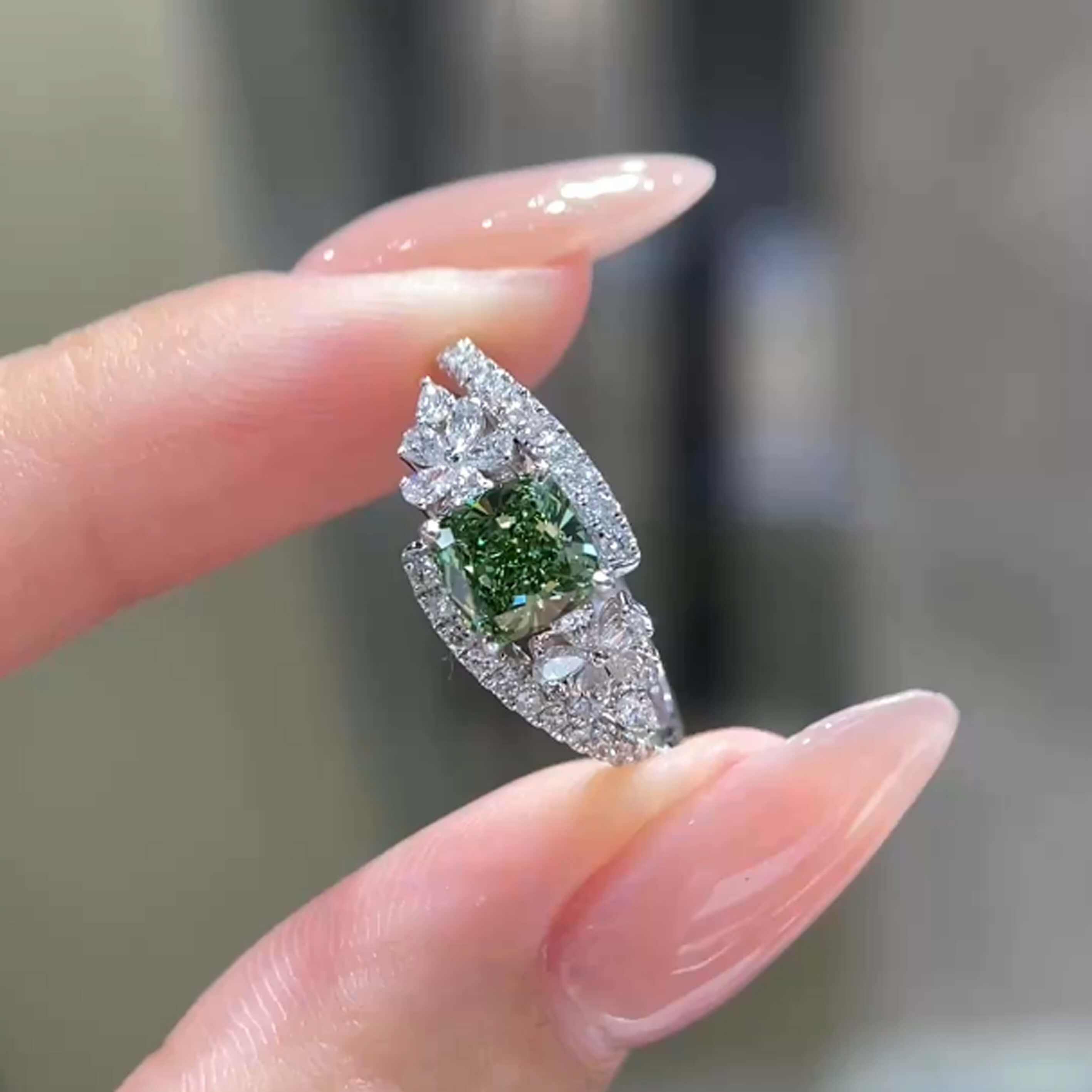Cushion cut lab grown green diamond engagement ring