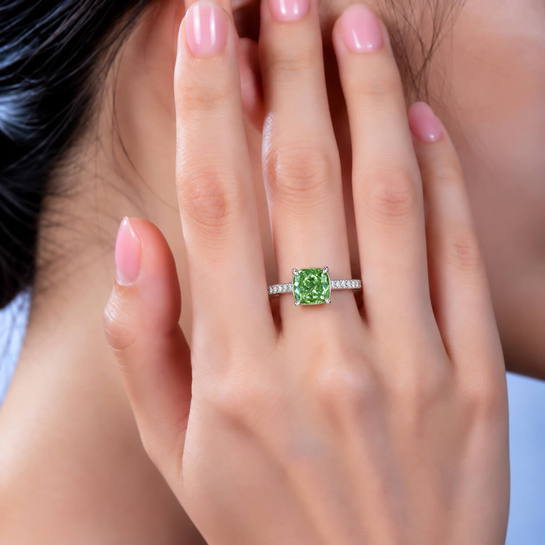 Cushion cut lab grown green diamond engagement ring
